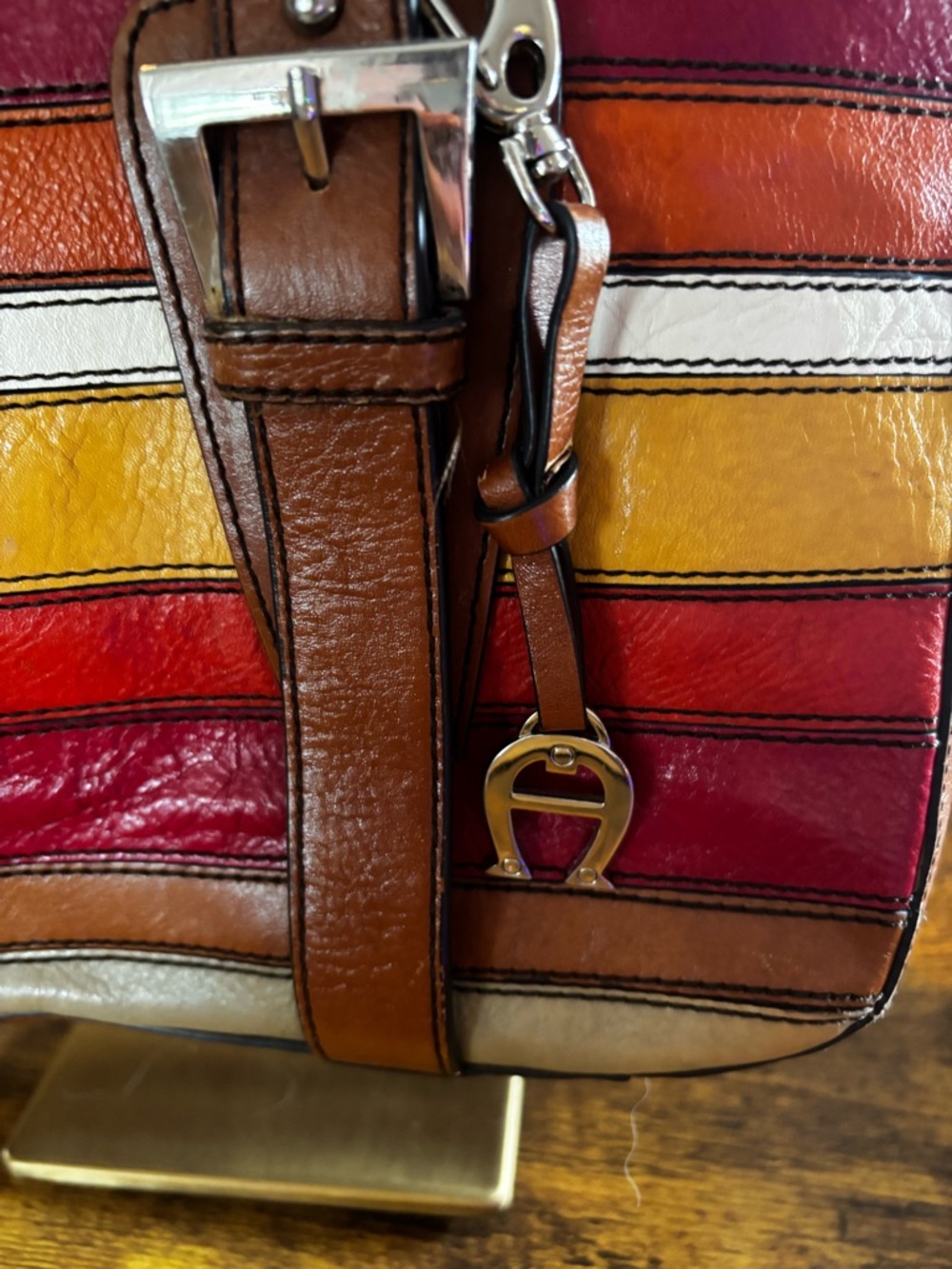 Etienne Aigner Striped Leather Tote Shoulder Bag Brown Multicolor - Picture 2 of 9